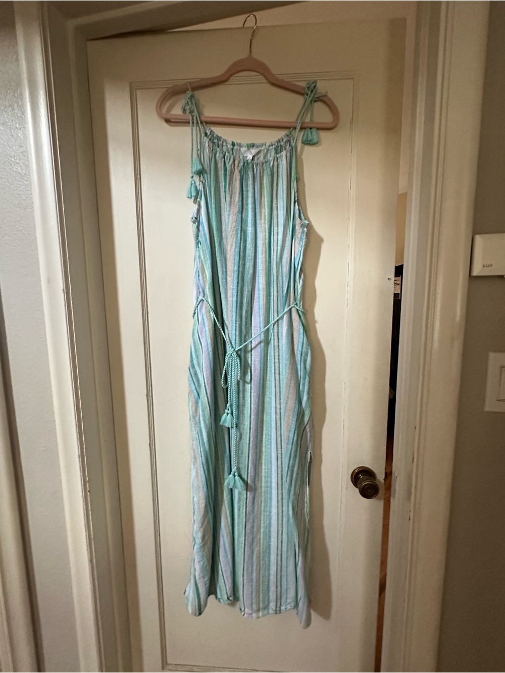 Time&Tru Striped Mint and White Linen Blend Maxi Dress